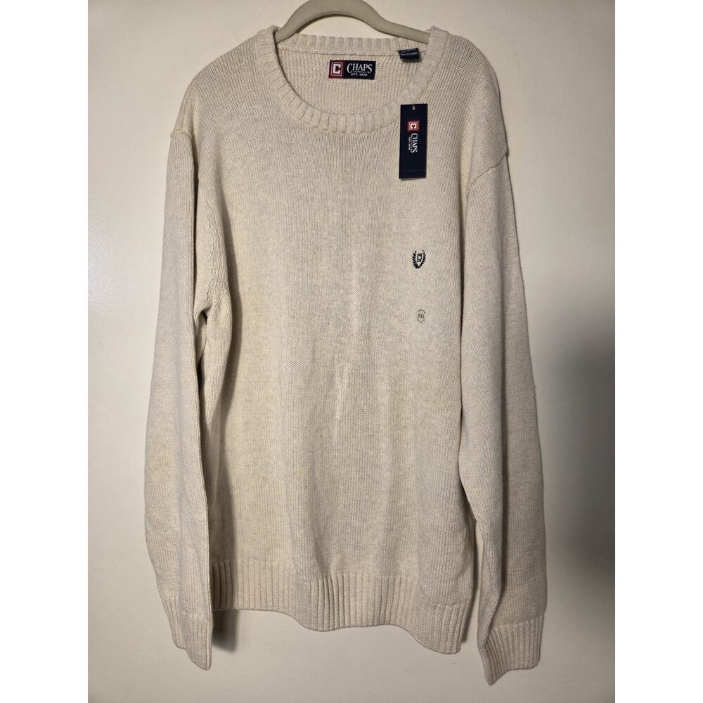 Chaps Ralph Lauren Mens XXL Crew Neck Long Sleeve Cotton Knit Cream Sweater